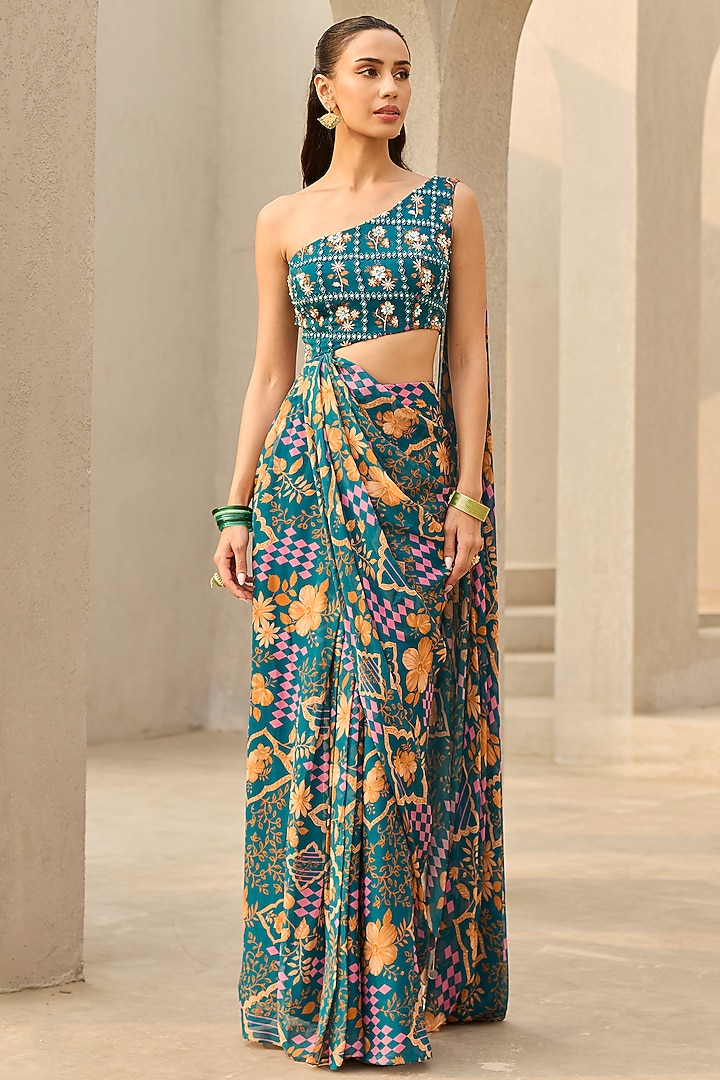 Teal Georgette Floral Printed Pre-Draped Wedding Saree by DiyaRajvvir at Pernia's Pop Up Shop