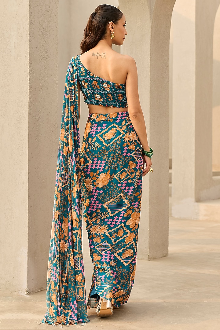 Teal Georgette Floral Printed Pre-Draped Wedding Saree by DiyaRajvvir at Pernia's Pop Up Shop