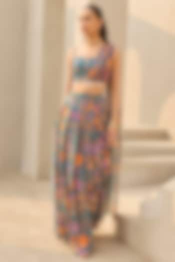 Teal Crepe & Georgette Floral Printed Draped Skirt Set by DiyaRajvvir at Pernia's Pop Up Shop