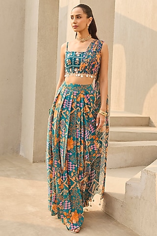 Teal Crepe & Georgette Floral Printed Draped Skirt Set by DiyaRajvvir