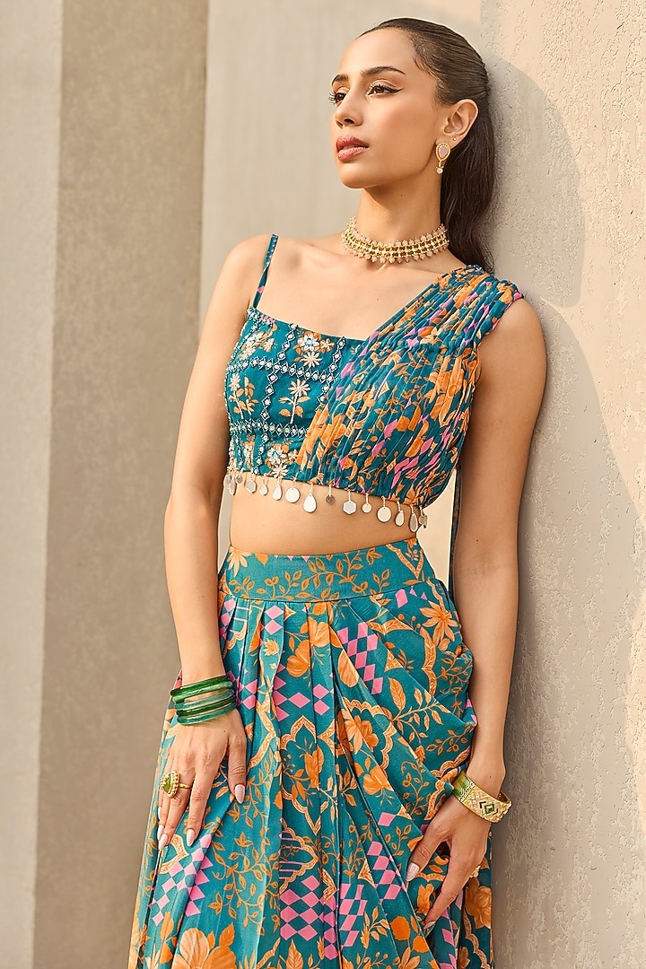 Teal Crepe & Georgette Floral Printed Draped Skirt Set by DiyaRajvvir at Pernia's Pop Up Shop