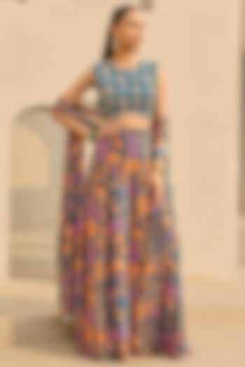Teal Georgette Floral Printed Wedding Sharara Set by DiyaRajvvir at Pernia's Pop Up Shop