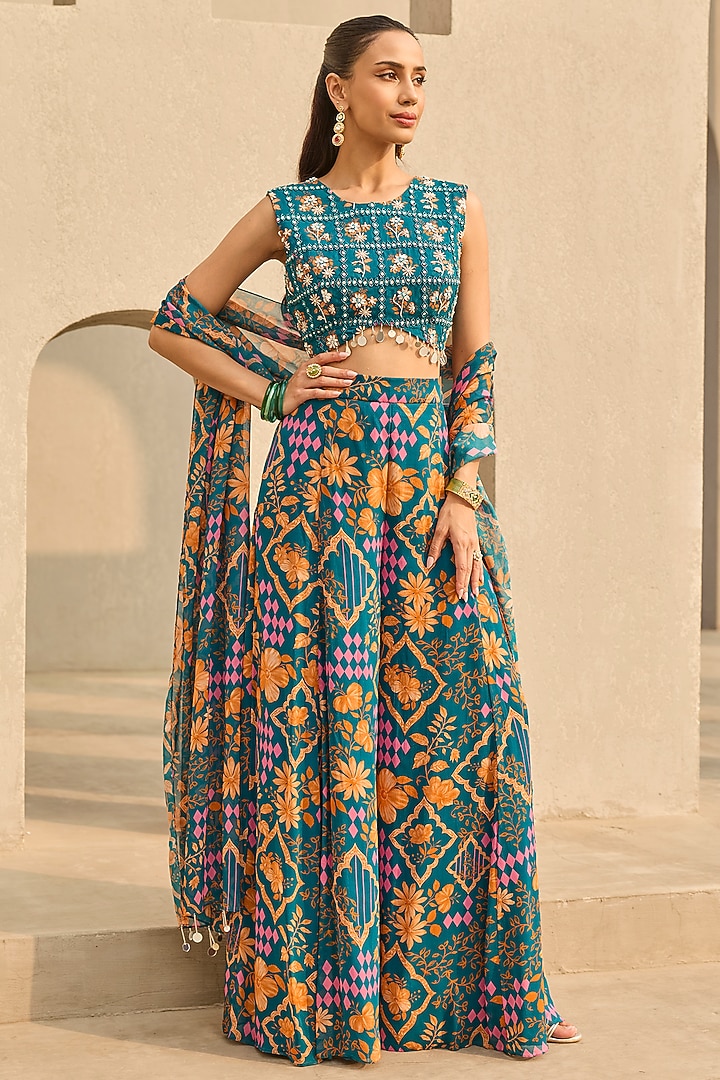 Teal Georgette Floral Printed Wedding Sharara Set by DiyaRajvvir at Pernia's Pop Up Shop