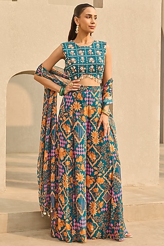 Teal Georgette Floral Printed Sharara Set by DiyaRajvvir