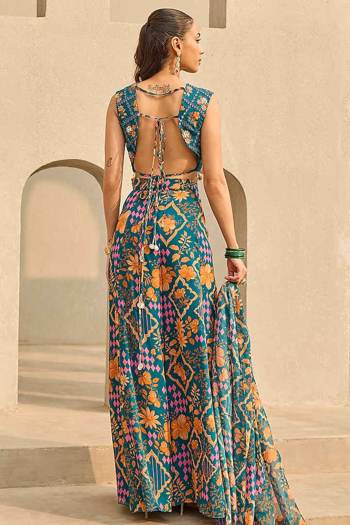 Teal Georgette Floral Printed Wedding Sharara Set by DiyaRajvvir at Pernia's Pop Up Shop