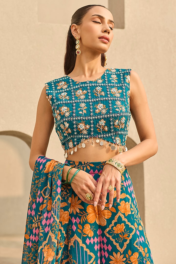 Teal Georgette Floral Printed Wedding Sharara Set by DiyaRajvvir at Pernia's Pop Up Shop