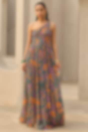 Teal Georgette Floral Printed One-Shoulder Ruched Vacation Dress by DiyaRajvvir at Pernia's Pop Up Shop