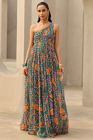 Teal Georgette Floral Printed One-Shoulder Ruched Dress by DiyaRajvvir
