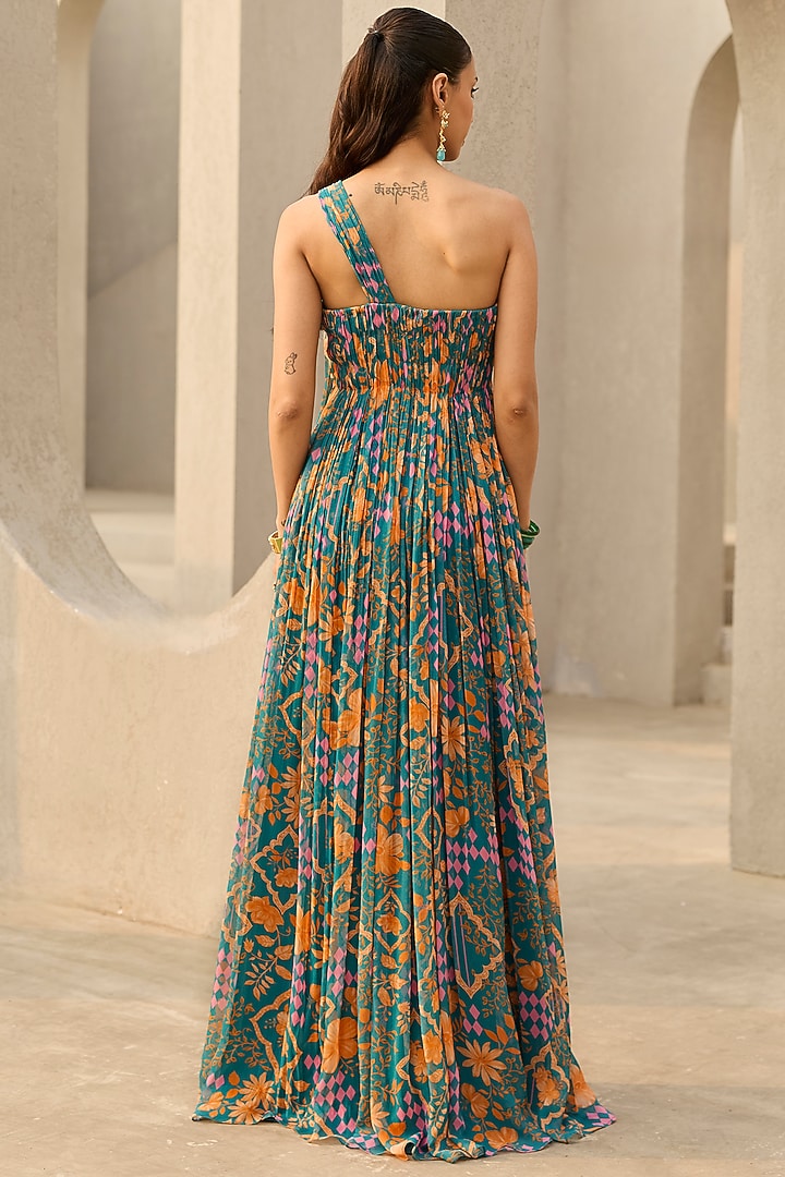 Teal Georgette Floral Printed One-Shoulder Ruched Vacation Dress by DiyaRajvvir at Pernia's Pop Up Shop
