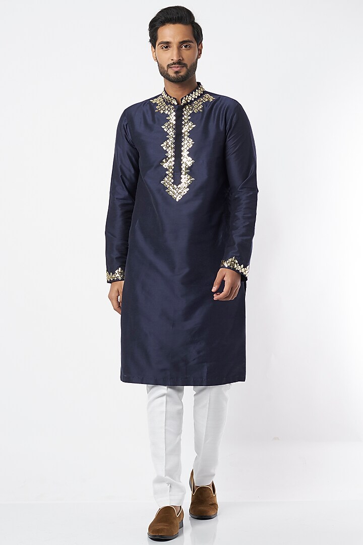 Dark Blue 3D Embroidered Kurta by DiyaRajvvir Men at Pernia's Pop Up Shop