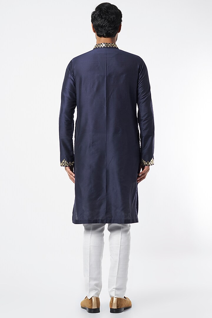 Dark Blue 3D Embroidered Kurta by DiyaRajvvir Men at Pernia's Pop Up Shop