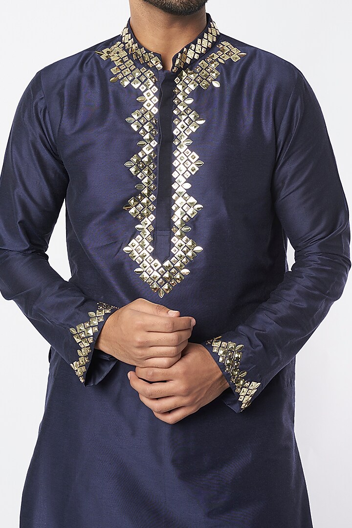 Dark Blue 3D Embroidered Kurta by DiyaRajvvir Men at Pernia's Pop Up Shop