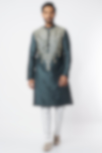 Teal Cotton Silk Leather Embroidered Kurta by DiyaRajvvir Men at Pernia's Pop Up Shop