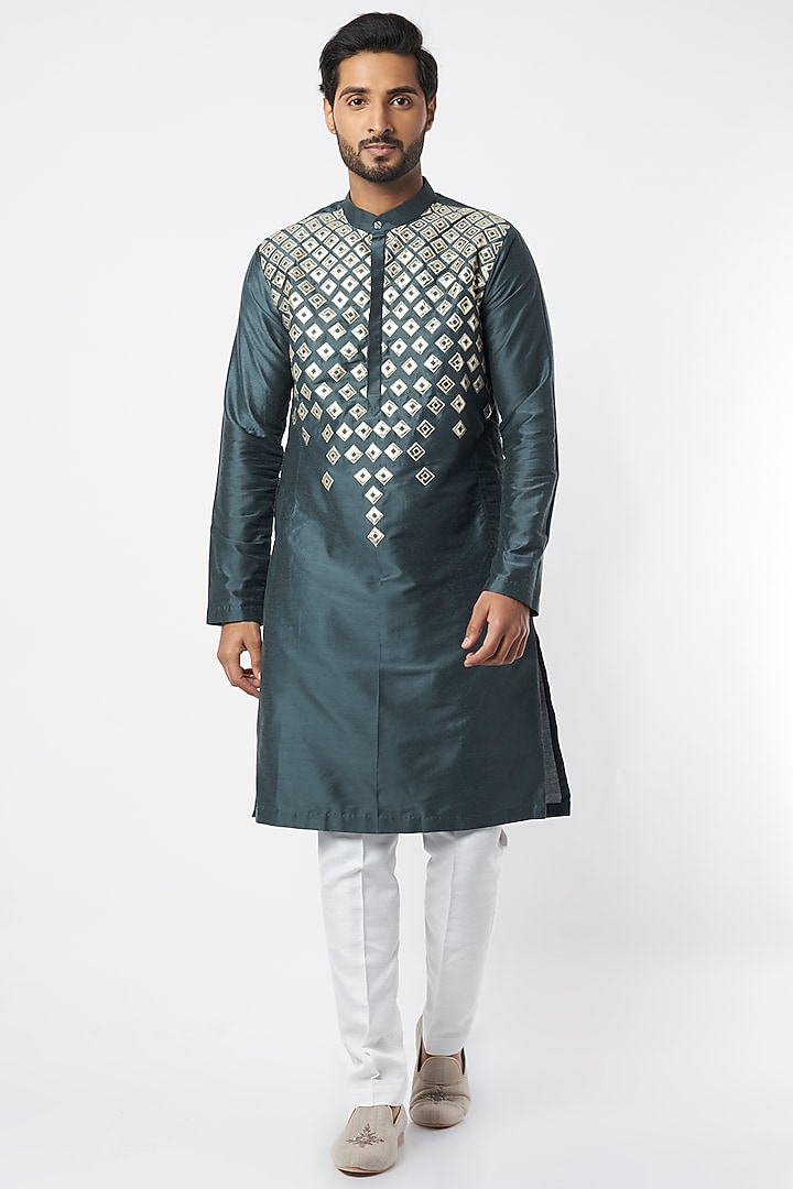 Teal Cotton Silk Leather Embroidered Kurta by DiyaRajvvir Men at Pernia's Pop Up Shop