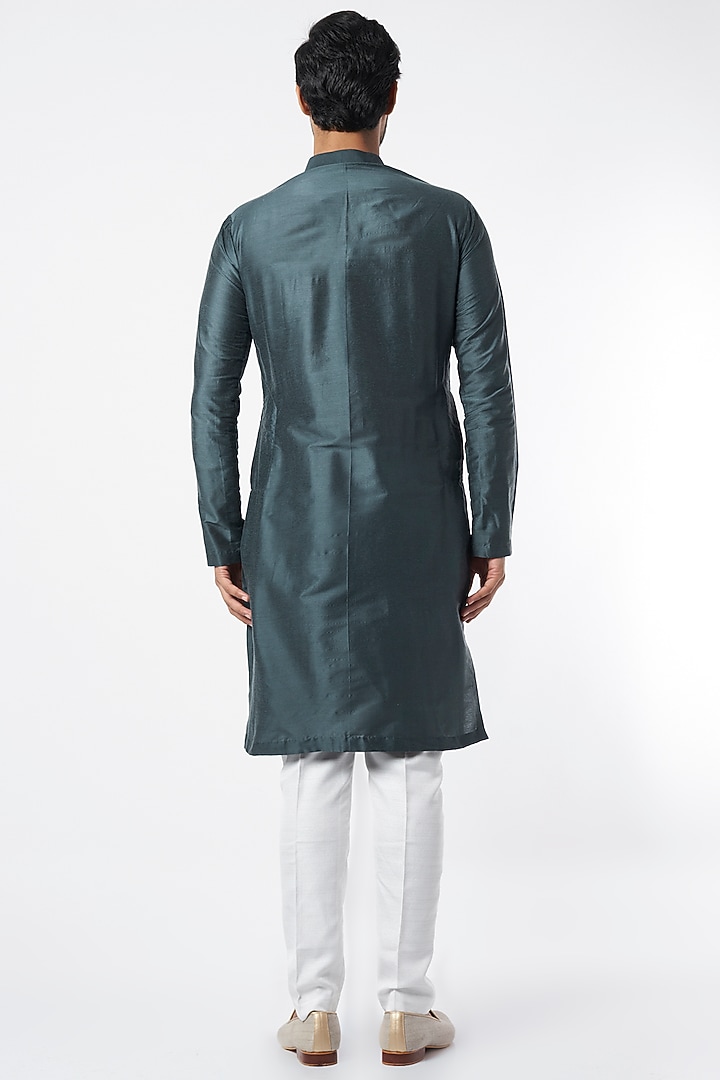 Teal Cotton Silk Leather Embroidered Kurta by DiyaRajvvir Men at Pernia's Pop Up Shop