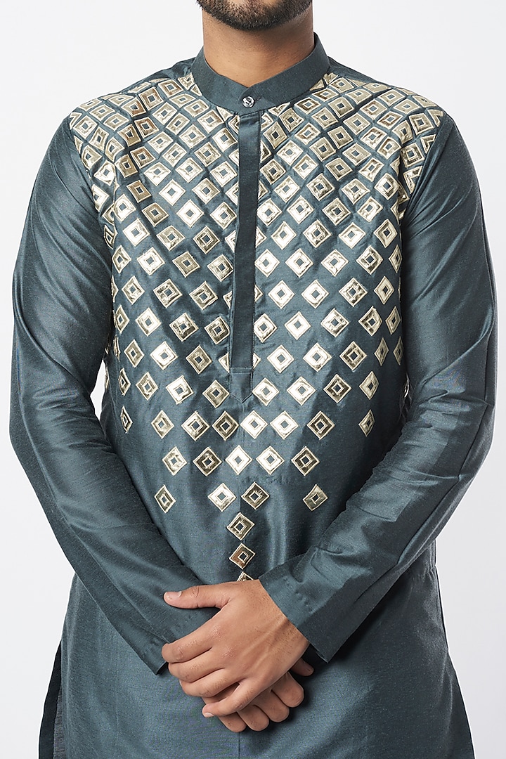Teal Cotton Silk Leather Embroidered Kurta by DiyaRajvvir Men at Pernia's Pop Up Shop