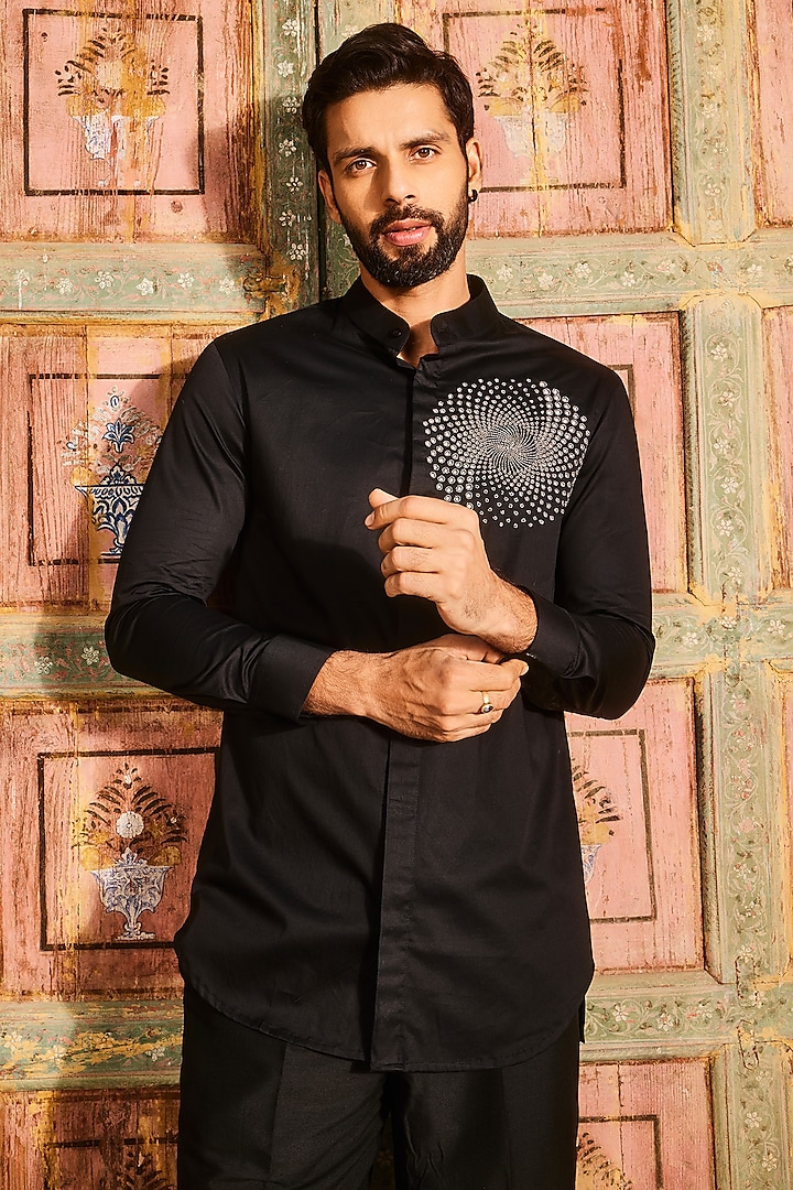 Black Shirting & Cotton Silk Embroidered Short Kurta by DiyaRajvvir Men