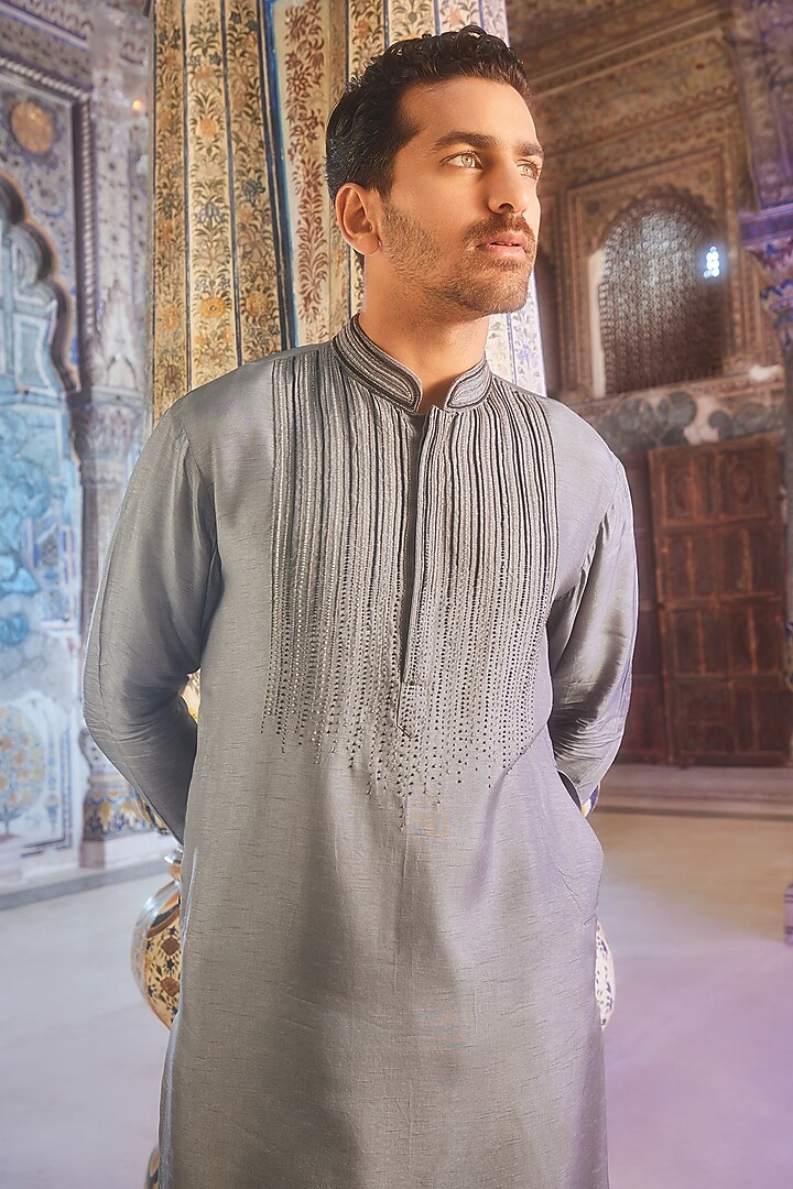 Grey Ombre Cotton Silk Dot Embroidered Ombre Kurta by DiyaRajvvir Men at Pernia's Pop Up Shop