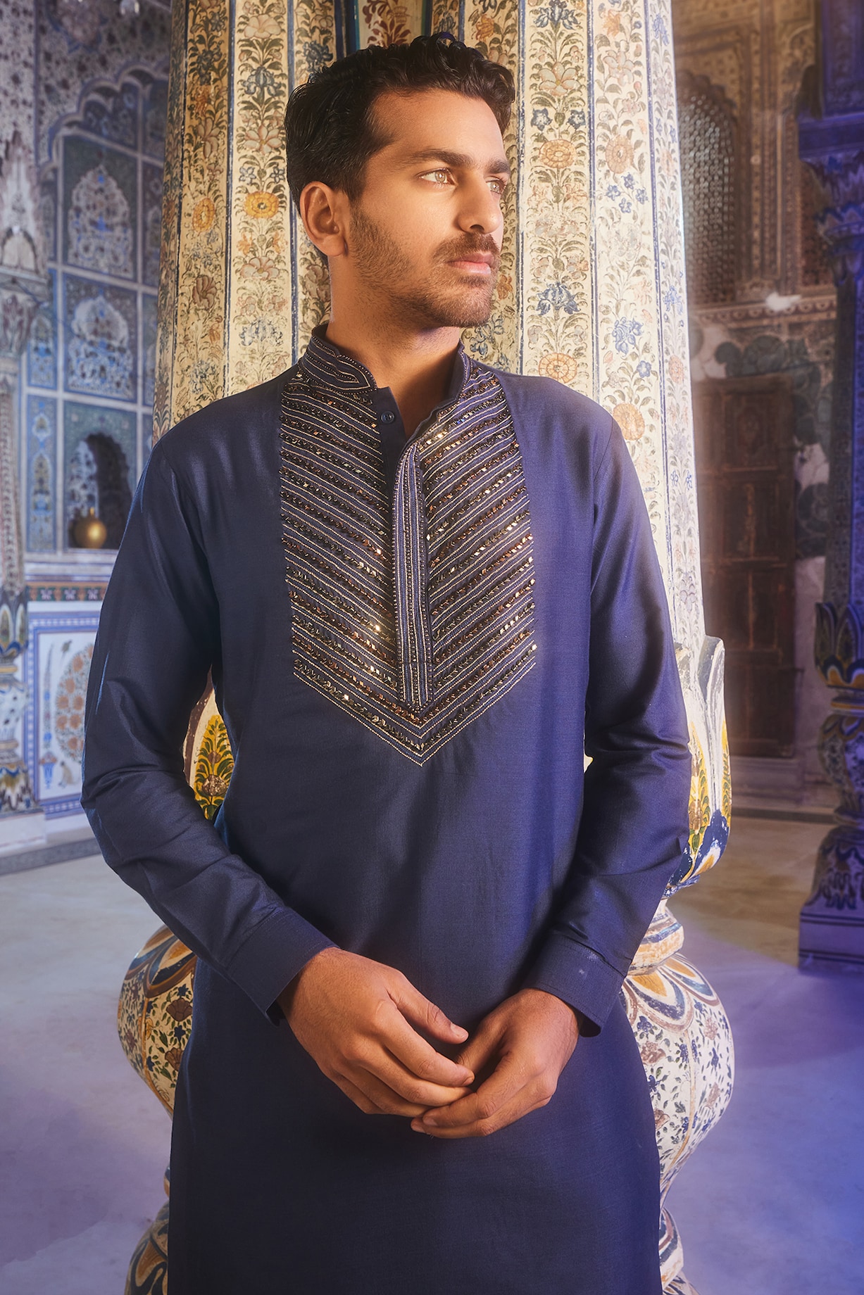 Dark Blue Cotton Silk Metallic Thread Embroidered Kurta by DiyaRajvvir Men