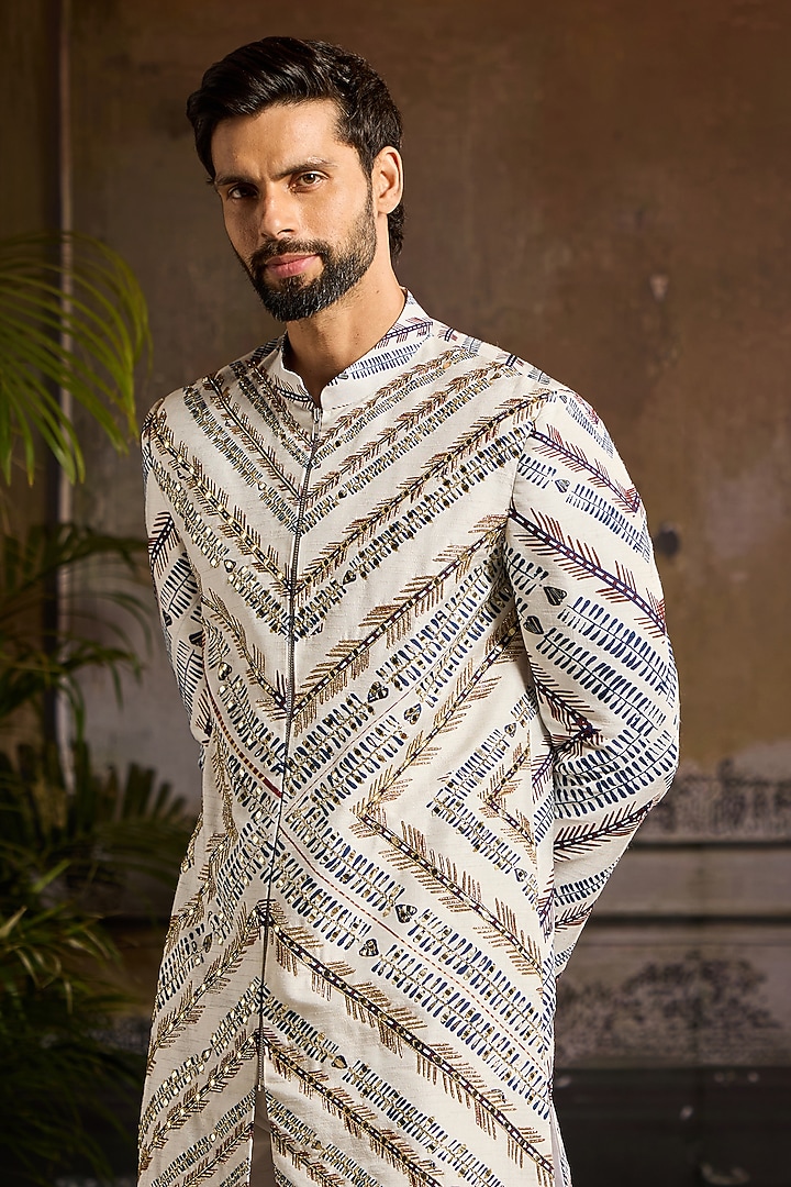 White Dola Silk Chevron Printed Jacket Set by DiyaRajvvir Men at Pernia's Pop Up Shop
