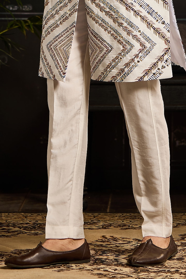 White Dola Silk Chevron Printed Jacket Set by DiyaRajvvir Men at Pernia's Pop Up Shop