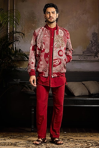 Maroon Banana Crepe & Cotton Silk Printed Bomber Jacket Set by DiyaRajvvir Men
