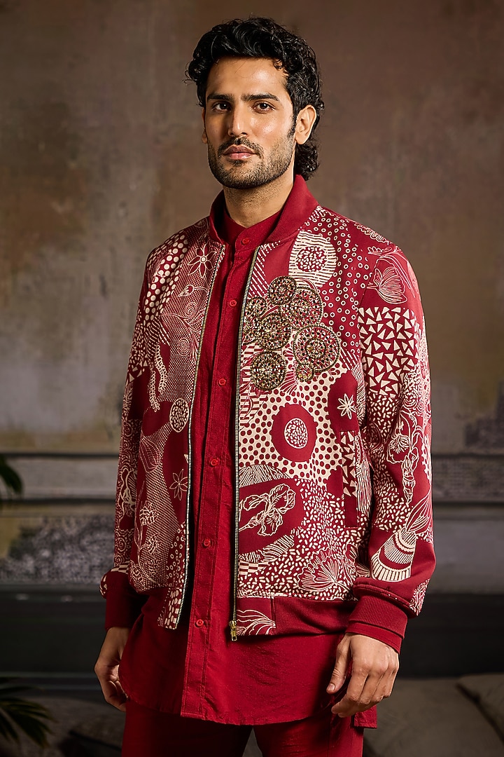 Maroon Banana Crepe & Cotton Silk Printed Bomber Jacket Set by DiyaRajvvir Men at Pernia's Pop Up Shop