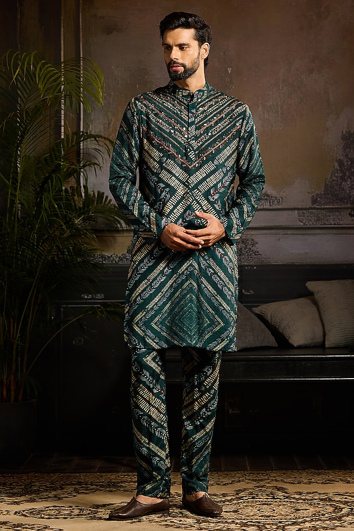 Dark Green Dola Silk Chevron Printed Kurta Set by DiyaRajvvir Men