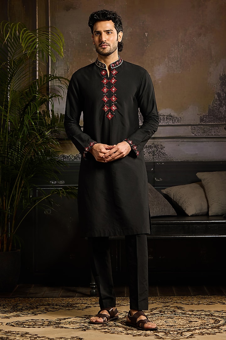 Black Cotton Silk Boota Embroidered Kurta Set by DiyaRajvvir Men