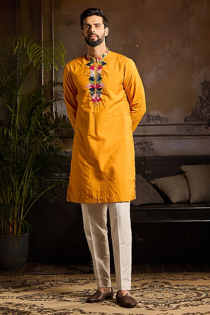 Yellow Cotton Silk Embroidered Kurta Set by DiyaRajvvir Men