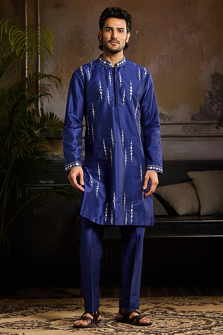 Electric Blue Cotton Silk Cutdana Embroidered Kurta Set by DiyaRajvvir Men