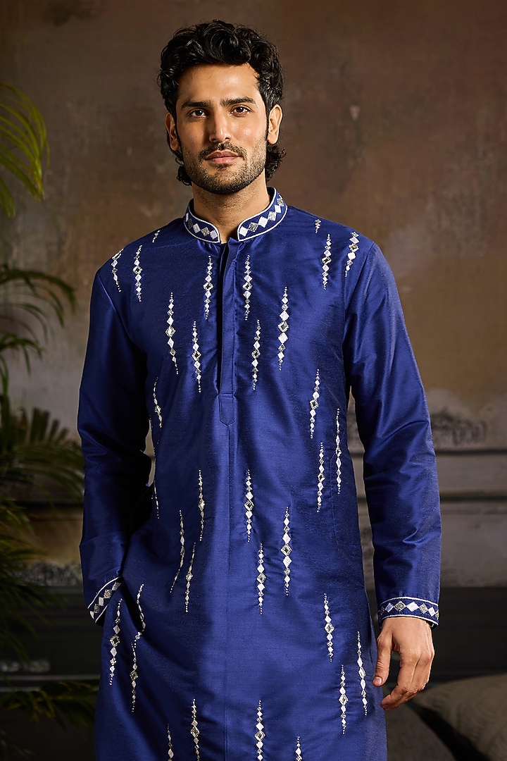 Electric Blue Cotton Silk Cutdana Embroidered Kurta Set by DiyaRajvvir Men at Pernia's Pop Up Shop