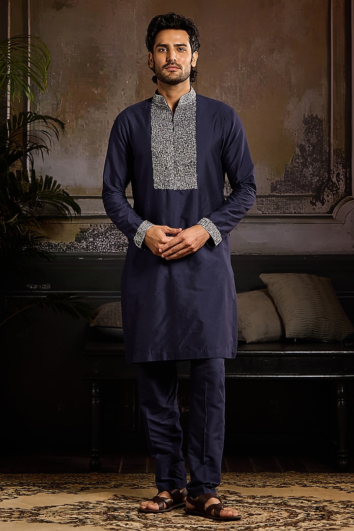 Dark Blue Cotton Silk Cutdana Embroidered Kurta Set by DiyaRajvvir Men