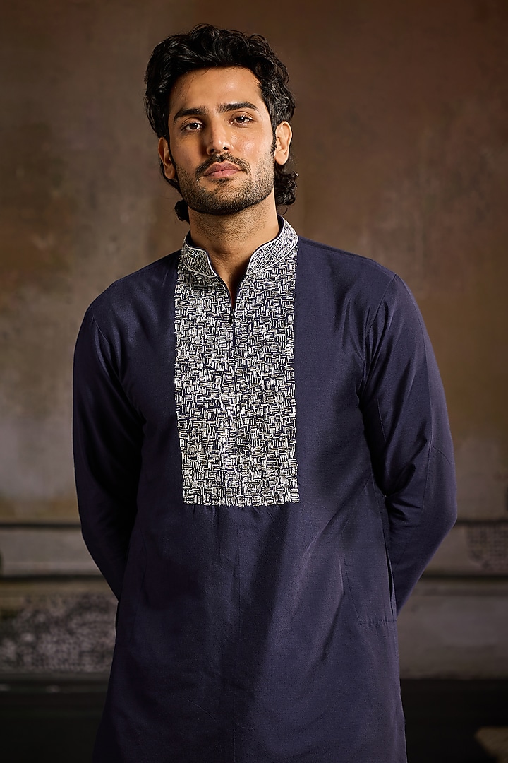 Dark Blue Cotton Silk Cutdana Embroidered Kurta Set by DiyaRajvvir Men at Pernia's Pop Up Shop