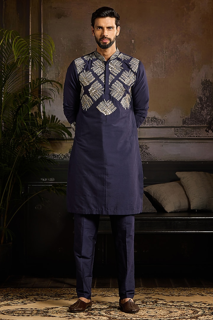 Dark Blue Cotton Silk Cutdana Embroidered Kurta Set by DiyaRajvvir Men