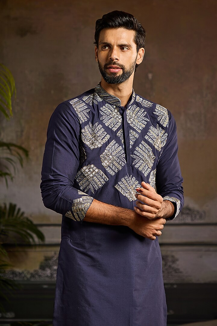Dark Blue Cotton Silk Cutdana Embroidered Kurta Set by DiyaRajvvir Men at Pernia's Pop Up Shop
