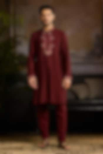 Maroon Cotton Silk Motifs Embroidered Kurta Set by DiyaRajvvir Men