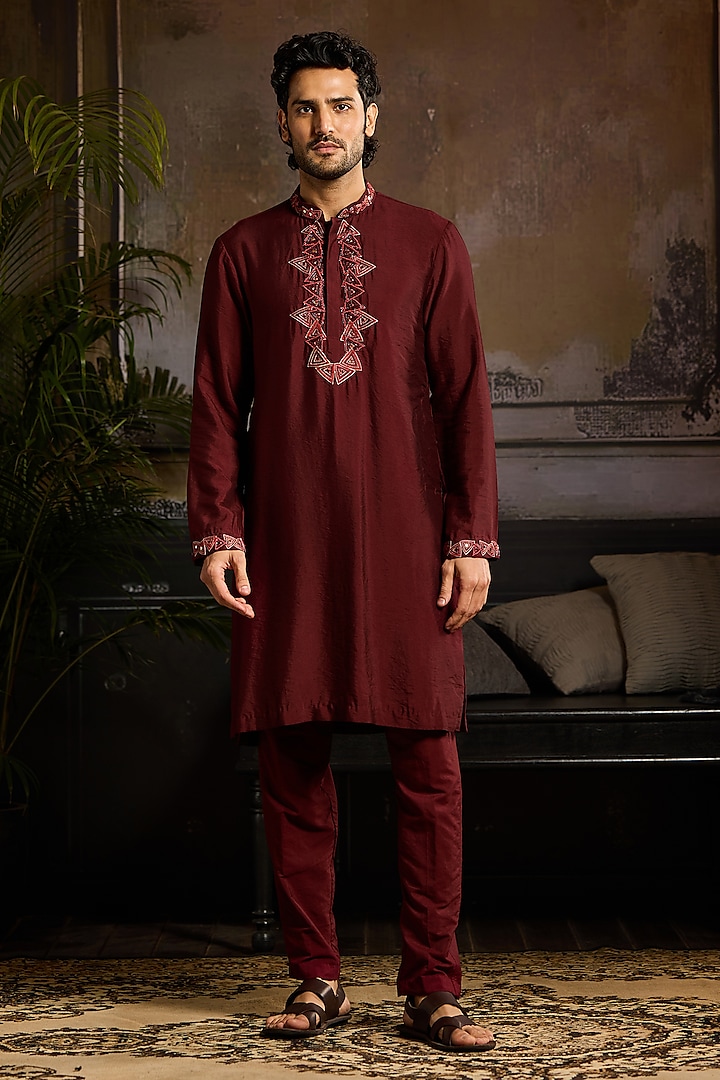 Maroon Cotton Silk Motifs Embroidered Kurta Set by DiyaRajvvir Men