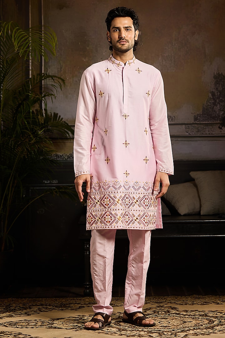 Blush Pink Cotton Silk Thread Embroidered Kurta Set by DiyaRajvvir Men