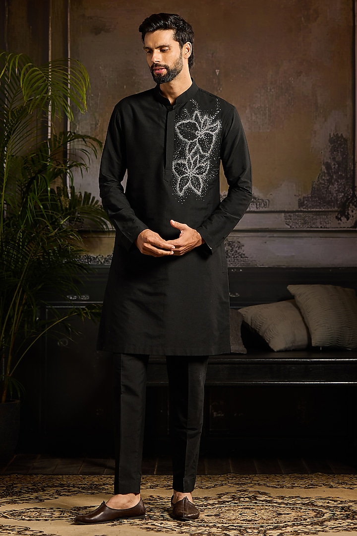 Black Cotton Silk Embroidered Kurta Set by DiyaRajvvir Men