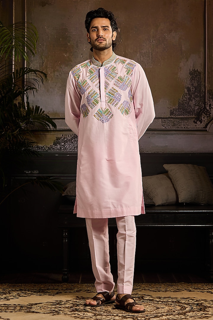 Blush Pink Cotton Silk Cutdana Embroidered Kurta Set by DiyaRajvvir Men