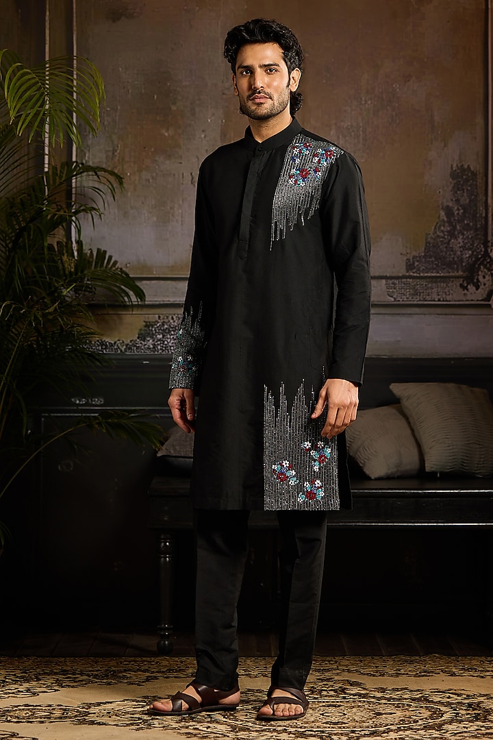 Black Cotton Silk Floral Motif Embroidered Kurta Set by DiyaRajvvir Men