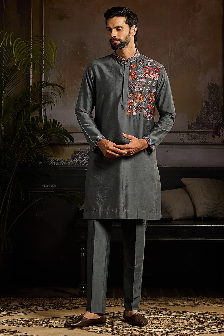 Grey Cotton Silk Embroidered Kurta Set by DiyaRajvvir Men