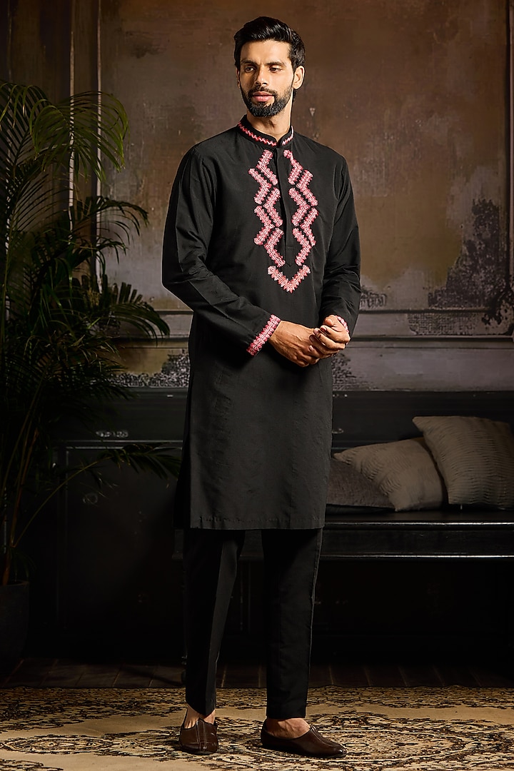 Black Cotton Silk Embroidered Kurta Set by DiyaRajvvir Men