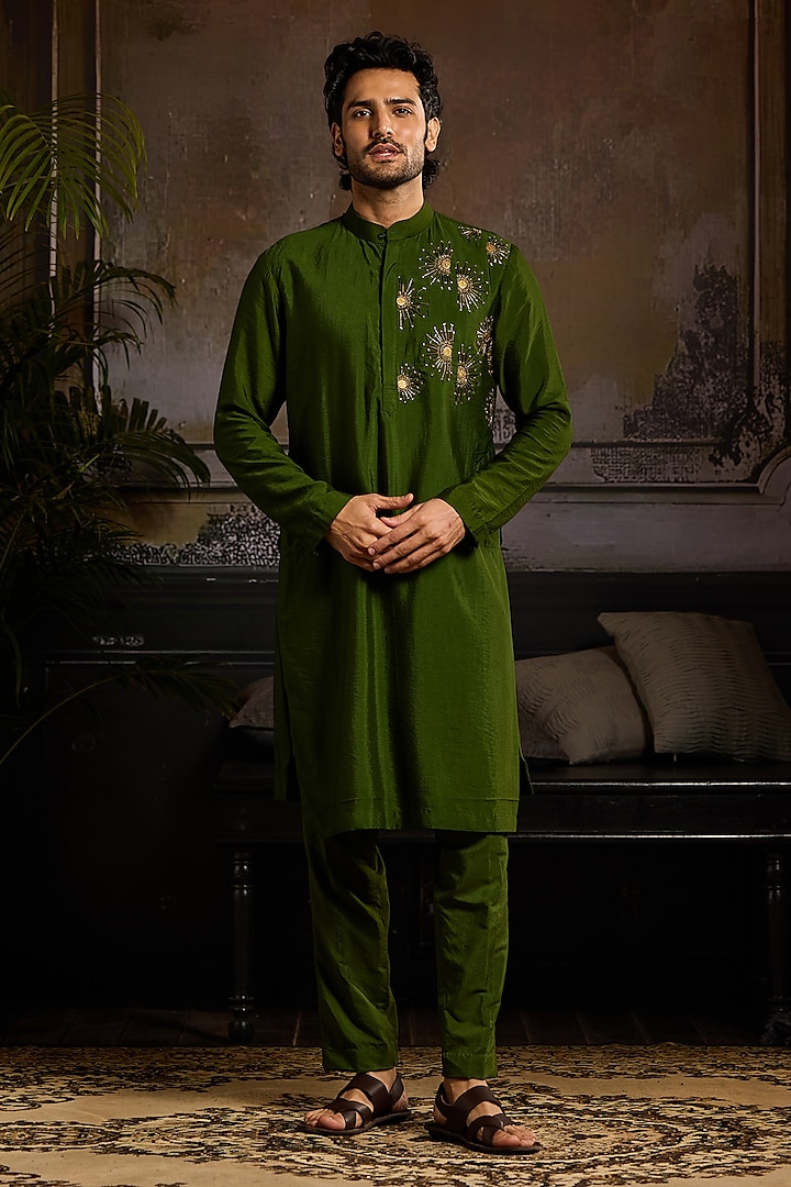 Olive Green Cotton Silk Metallic Embroidered Kurta Set by DiyaRajvvir Men