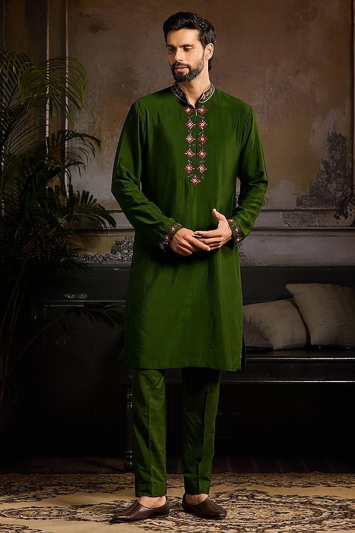 Olive Green Cotton Silk Embroidered Kurta Set by DiyaRajvvir Men