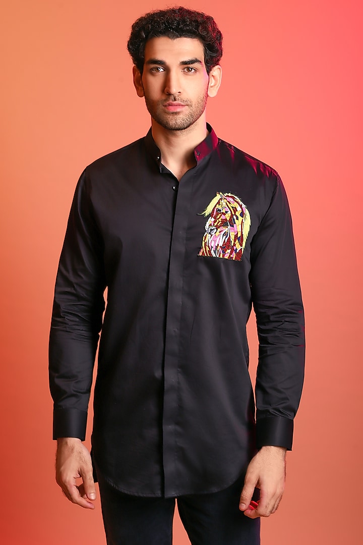 Black Hand Embroidered Shirt Design by DiyaRajvvir Men at Pernia's Pop Up  Shop 2024