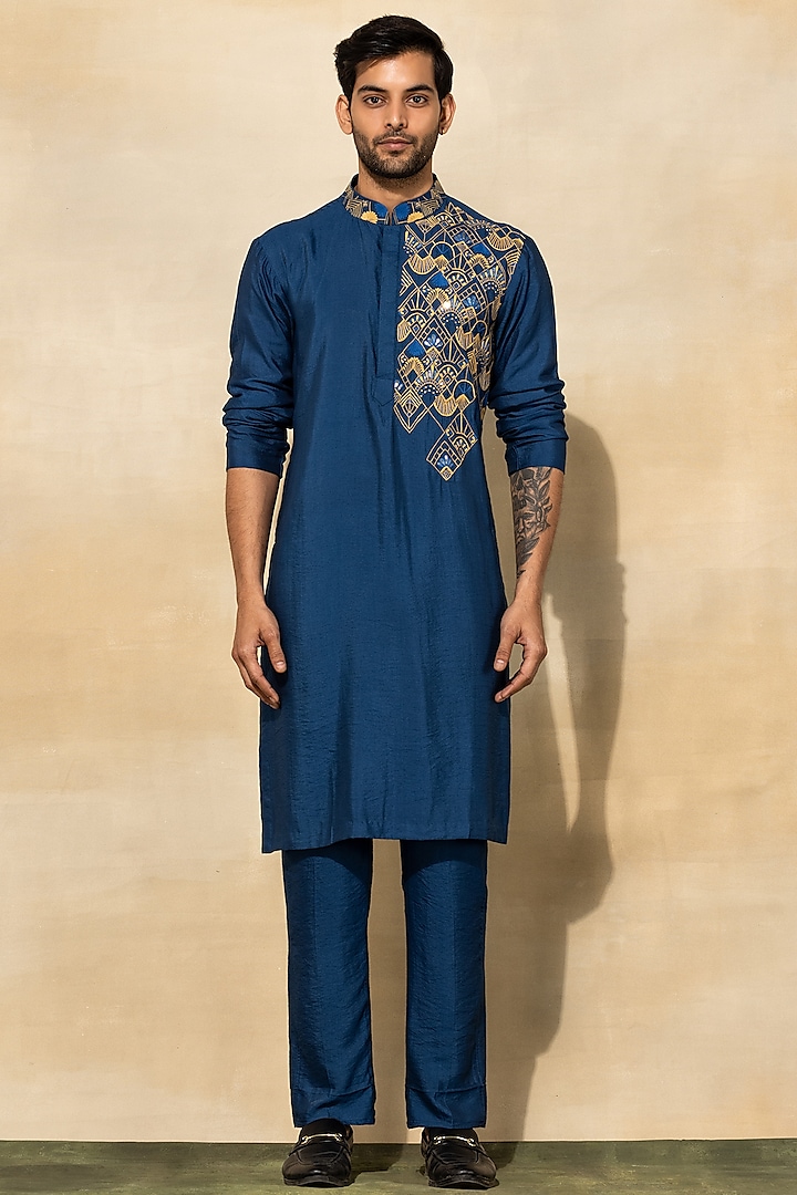 Indigo Blue Cotton & Cotton Silk Embroidered Kurta Set by DiyaRajvvir Men