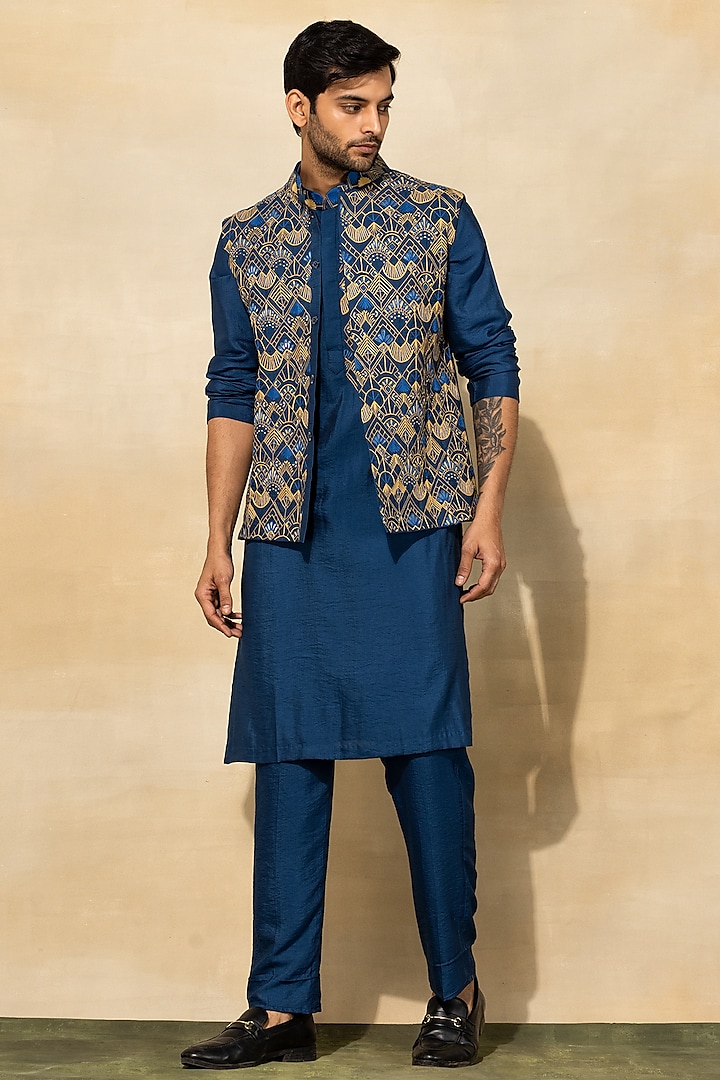 Indigo Blue Cotton & Cotton Silk Thread Embroidered Bundi Jacket Set by DiyaRajvvir Men