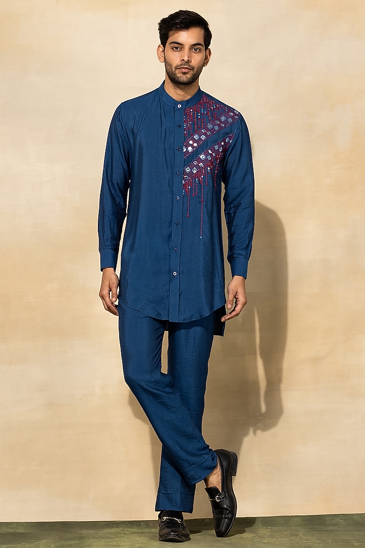 Indigo Blue Cotton & Cotton Silk Thread Embroidered Kurta Set by DiyaRajvvir Men at Pernia's Pop Up Shop